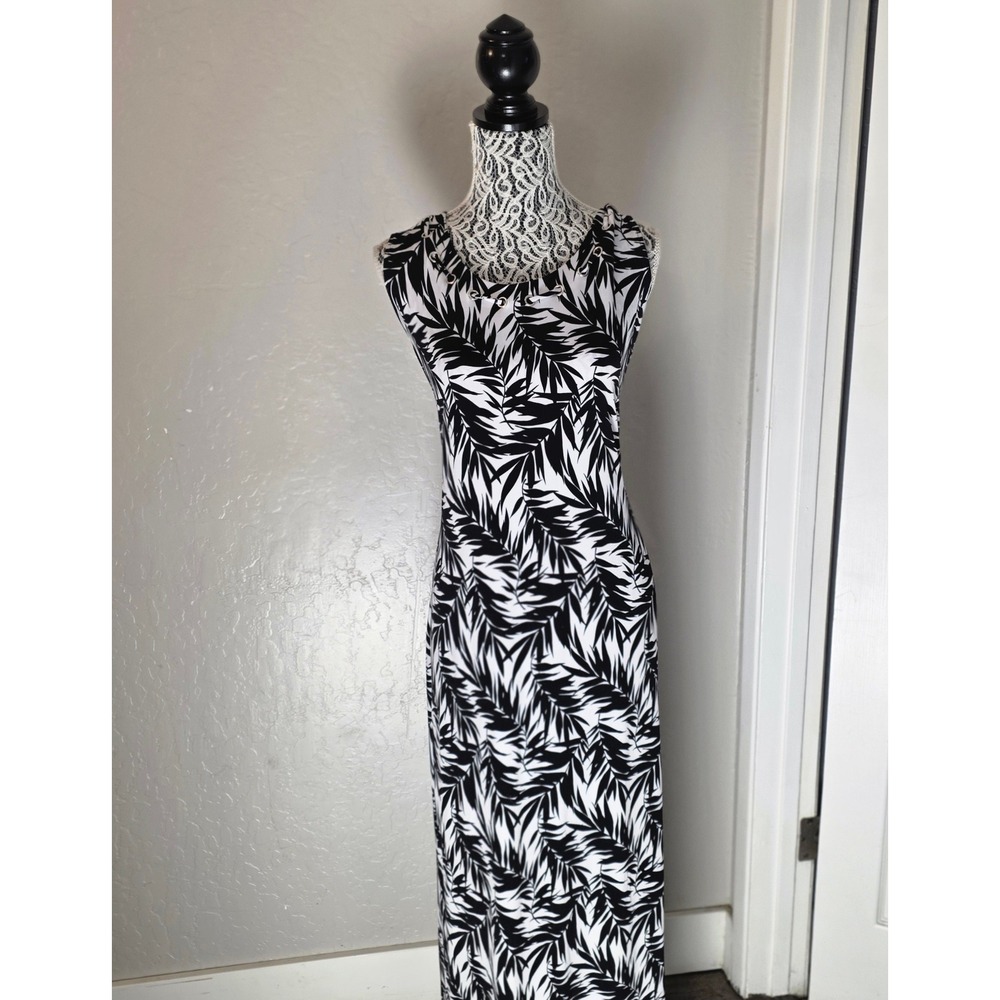 Christopher Banks Maxi Dress Sleeveless Women XL Black White Tropical Leaf Print